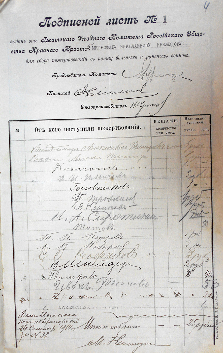 Подписной лист №1 Гжатского комитета «Красного Креста» (сбор пожертвований).
