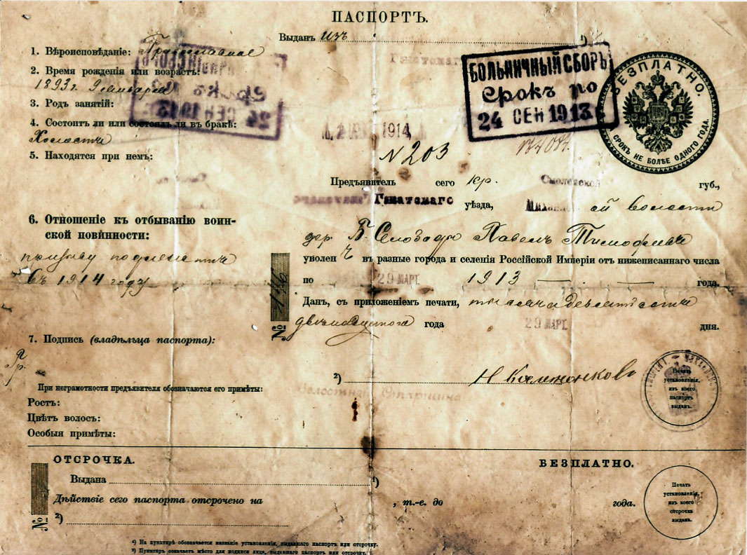 Паспорт крестьянина П. Тимофеева. 1914 г.
